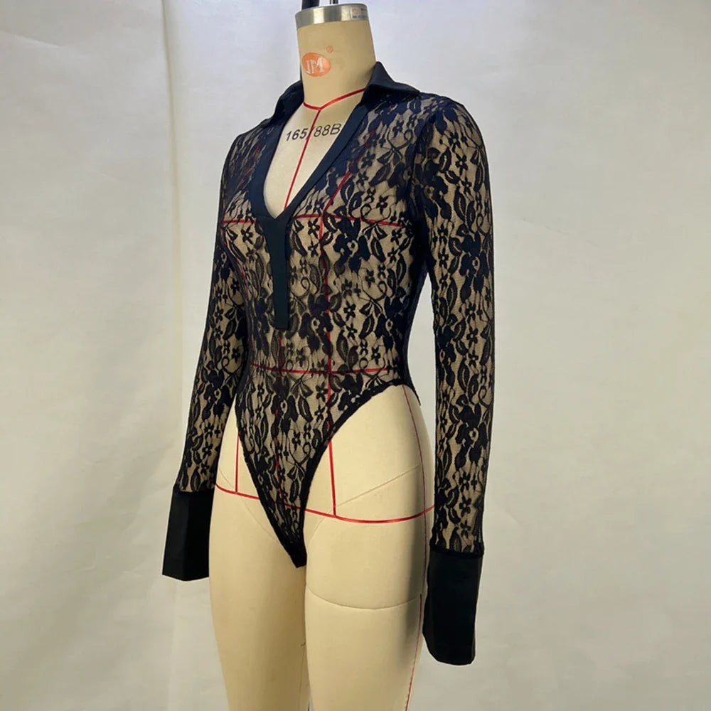 Sexy Lace Patchwork Deep V Long Sleeved Top and Slim Fit High Waisted Flared Pants Women's Set