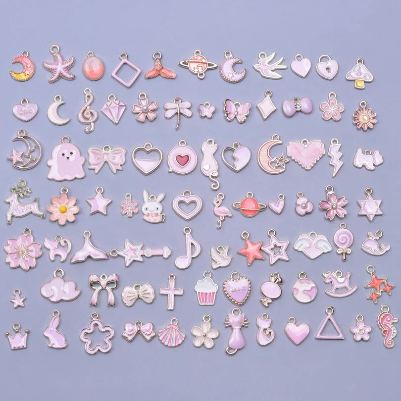 50 Pieces Mixed Style Pink Drip Oil Charms Animal Heart Flower Moon Pendants for DIY Jewelry Making