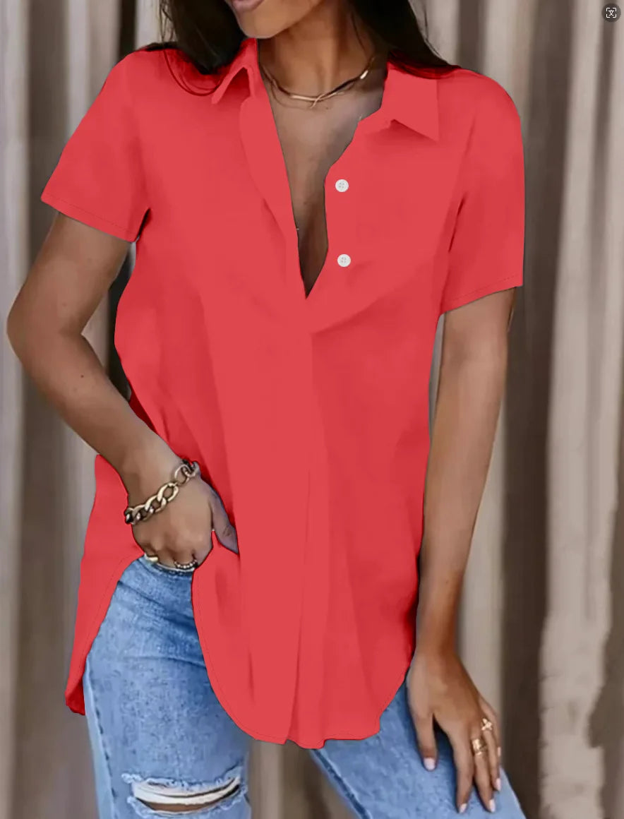 Women Elegant Solid Button V Neck Blouse Casual Short Sleeve Loose Fit Office Shirt Top