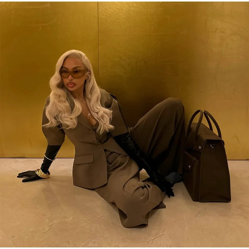 Casual Women Blazer Pants Suit with Slim Lapel Puff Sleeves and Wide Leg Trousers 2 Piece Outfit