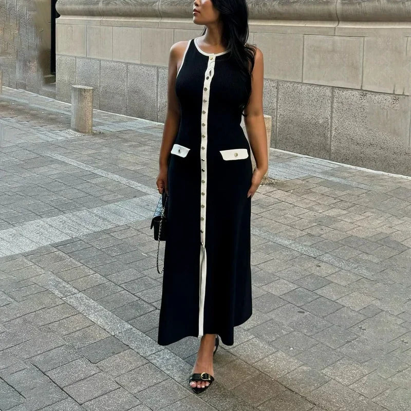 Elegant Sleeveless Ribbed Knit Bodycon Dress High Waist