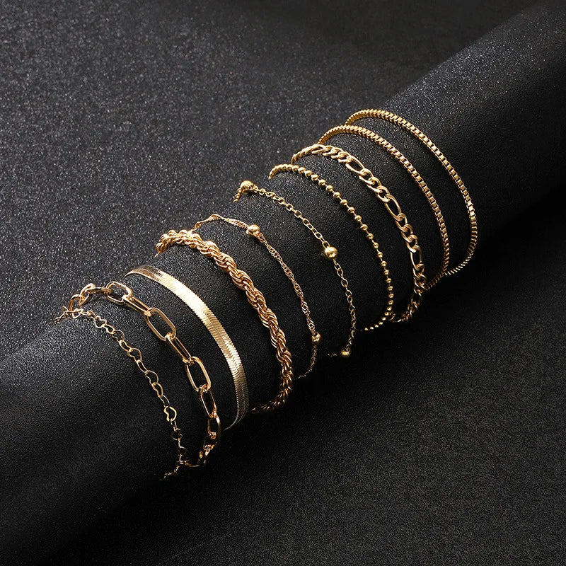 10 Pcs Vintage Gold Color Snake Chain Bracelet Set for Women Boho Multi-Layer Summer Jewelry