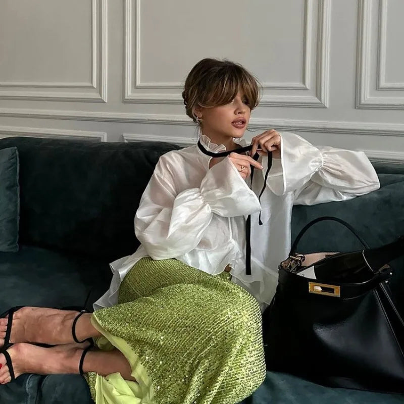 Sexy Loose White Women's Shirt With Ruffles Long Sleeve Sheer Elegant Blouse Stylish Transparent Top