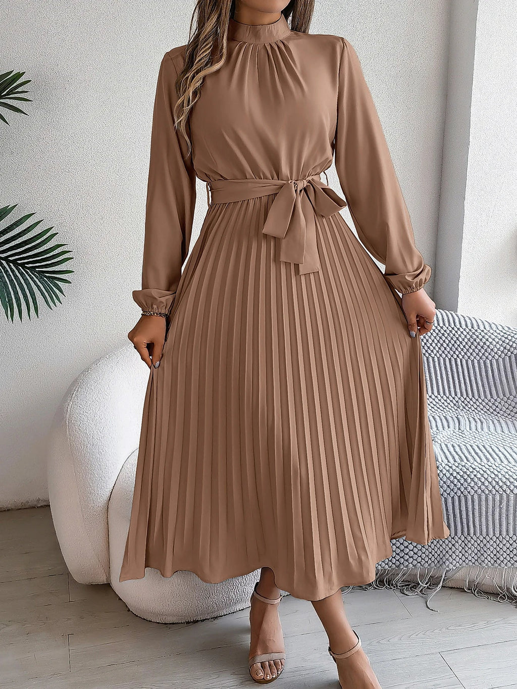 Elegant Pleated Lace Up Long Sleeve Maxi Dress For Spring