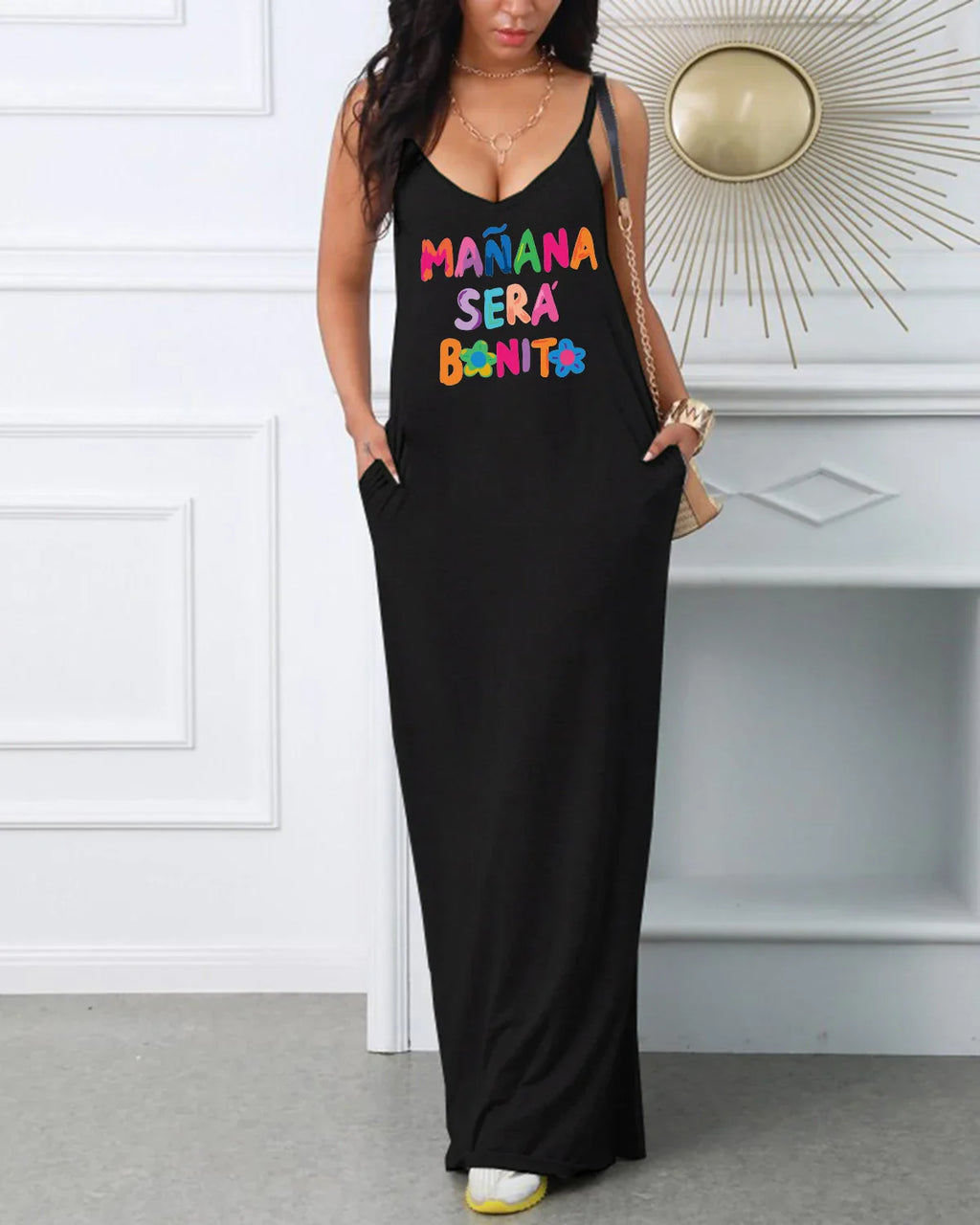 Women's Summer Letter Print Loose Vneck Pocket Dress