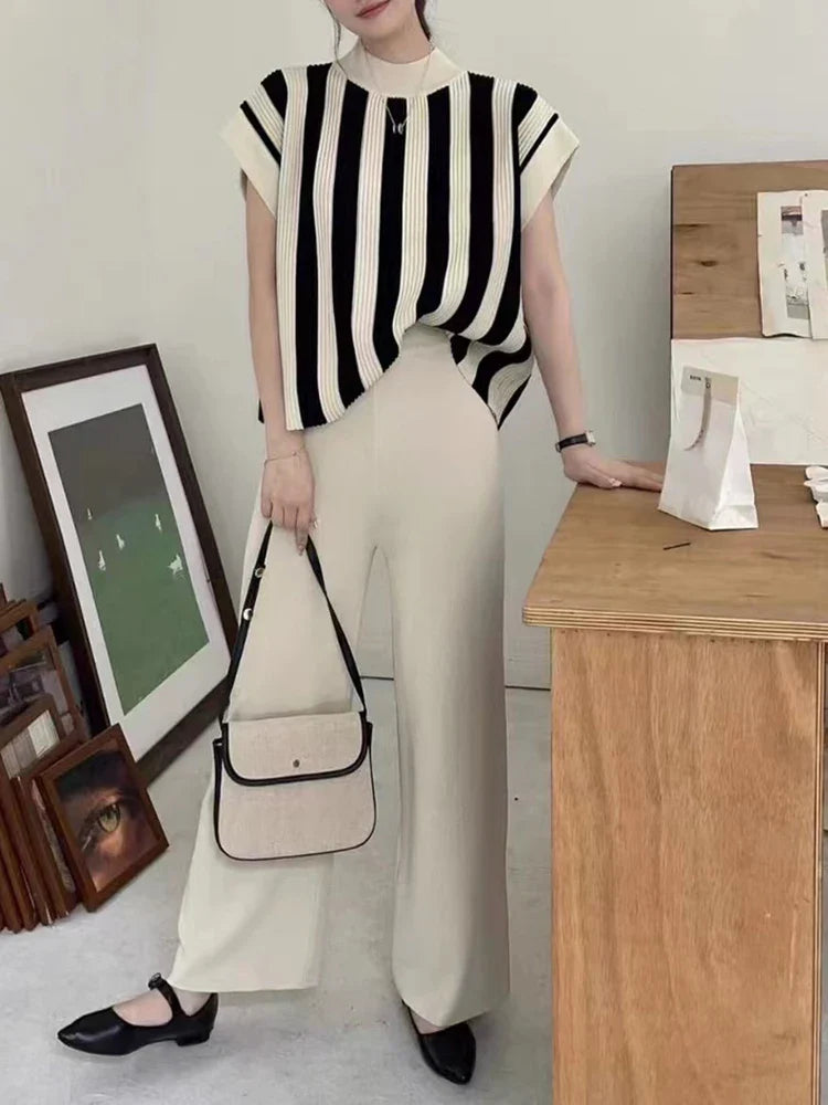 Women Casual Striped Sweater Pant Set Autumn Winter Knitted Short Sleeve Tops and Elastic Sweater Pants