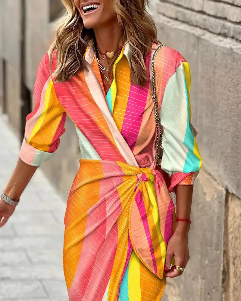Printed Striped Shirt Collar Midi Dress For Women Everyday