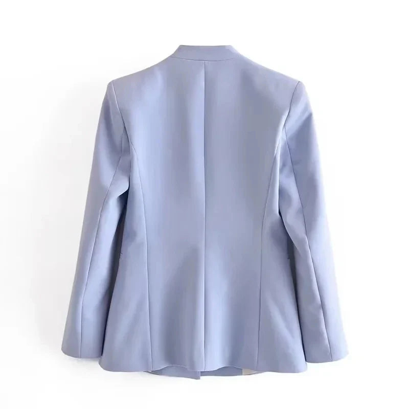 Light Blue Blazer Suit Set for Women with V Neck Loose Jacket and High Waist Sashed Pants Fashionable Autumn Outfit