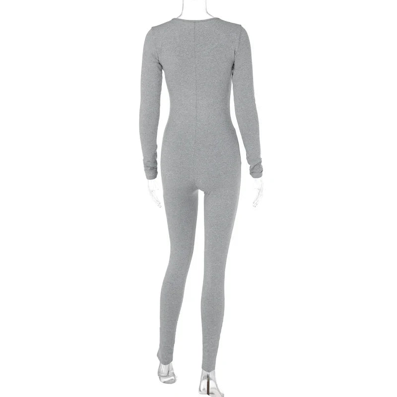 Solid V Neck Long Sleeve Hollow Out Lace Up Sexy Bodycon Jumpsuit Women's Fashion Streetwear Sporty Romper Overalls for Fall