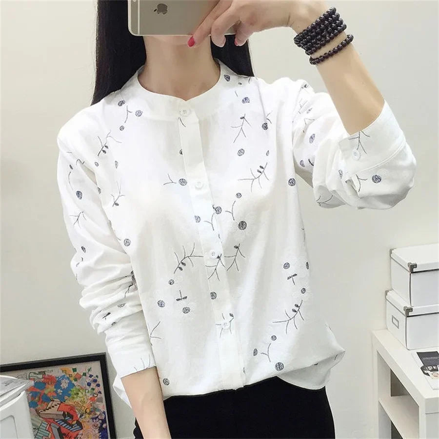 Embroidered Women's Cotton Linen Blouse Casual Long Sleeve Stand Collar Shirt Spring Summer Top