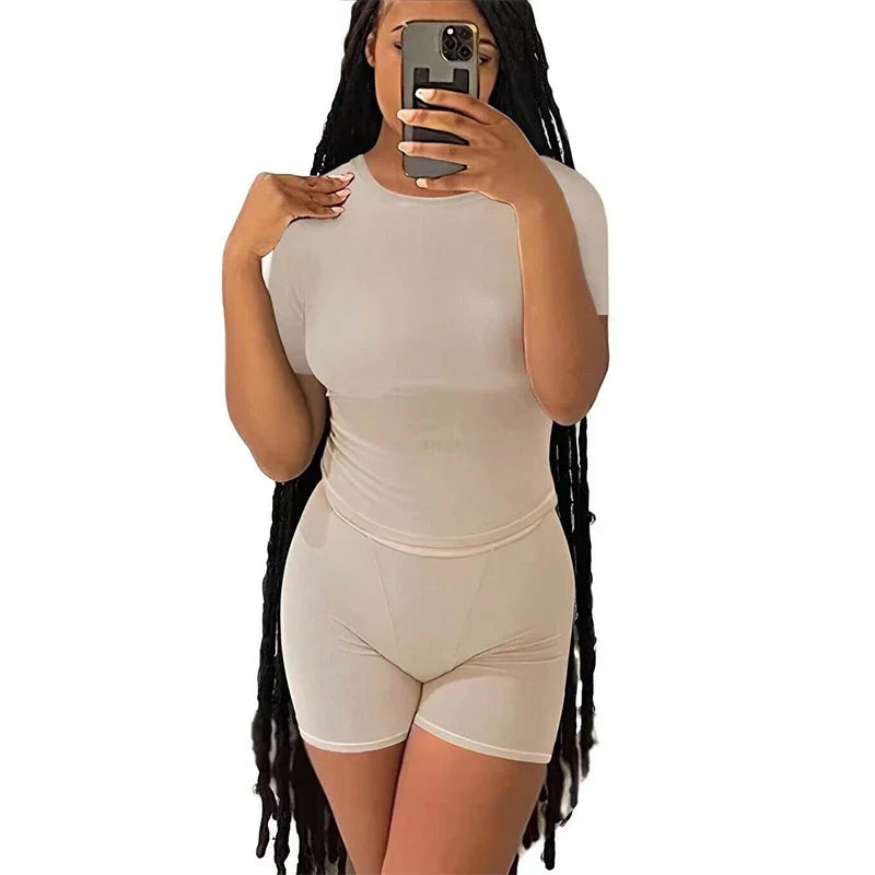 Casual Workout Two Piece Set for Women Fitted Crew Neck T-Shirt with High Waist Pants Matching Streetwear Outfit