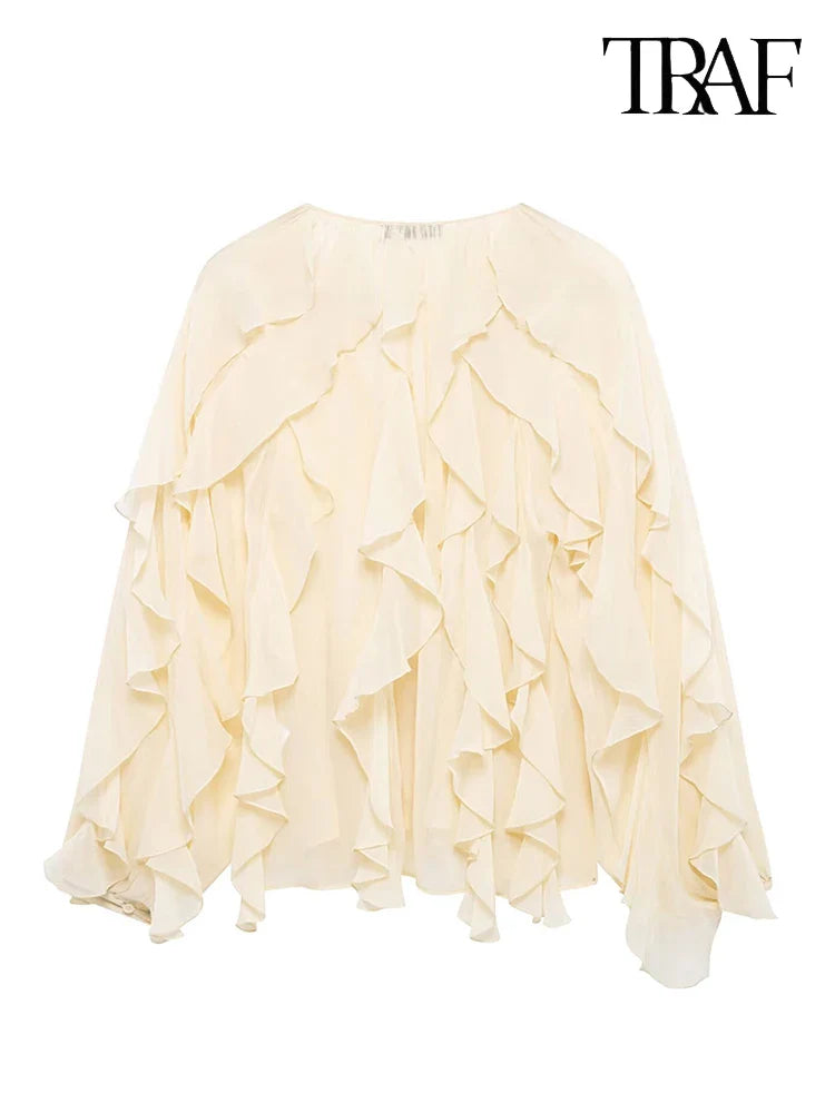 Elegant Solid Color Multi-Layered Ruffle V-Neck Sheer Long Sleeve Loose Blouse for Women