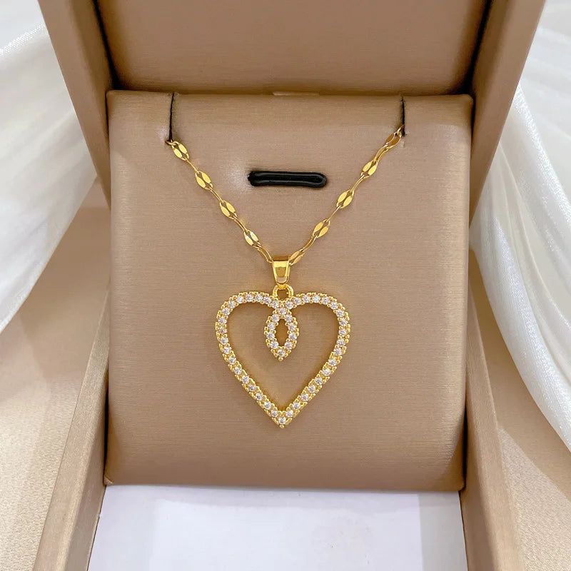 Trendy Heart Stainless Steel Zirconia Necklace for Women - Elegant Gold Color Jewelry for Parties and Daily Wear