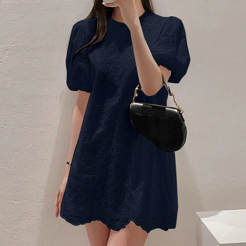 Cotton Sundress With Puff Sleeve Mini For Women Round Neck