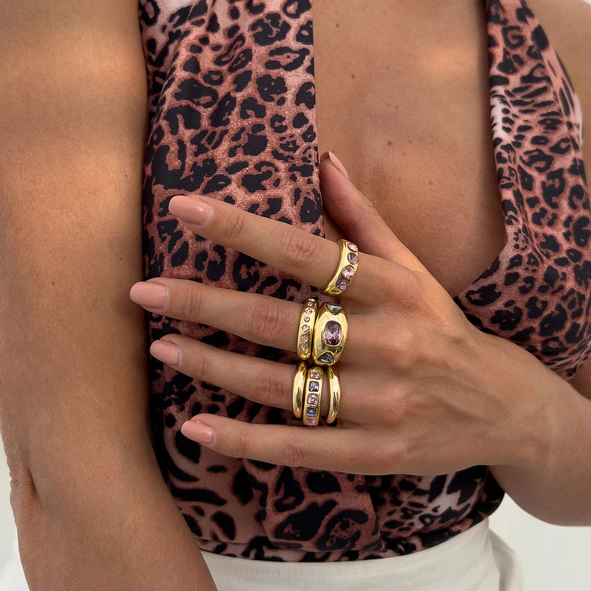 Adjustable Purple Zircon Inlaid Gold Color Ring Set for Women - 6 Piece Fashion Jewelry Collection