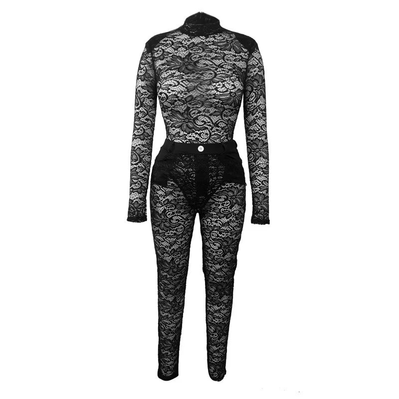 Lace Hollow Out Bodysuit and Pants Set for Women - Slim Fit Midnight Party Bodycon Outfit for Cocktail Events