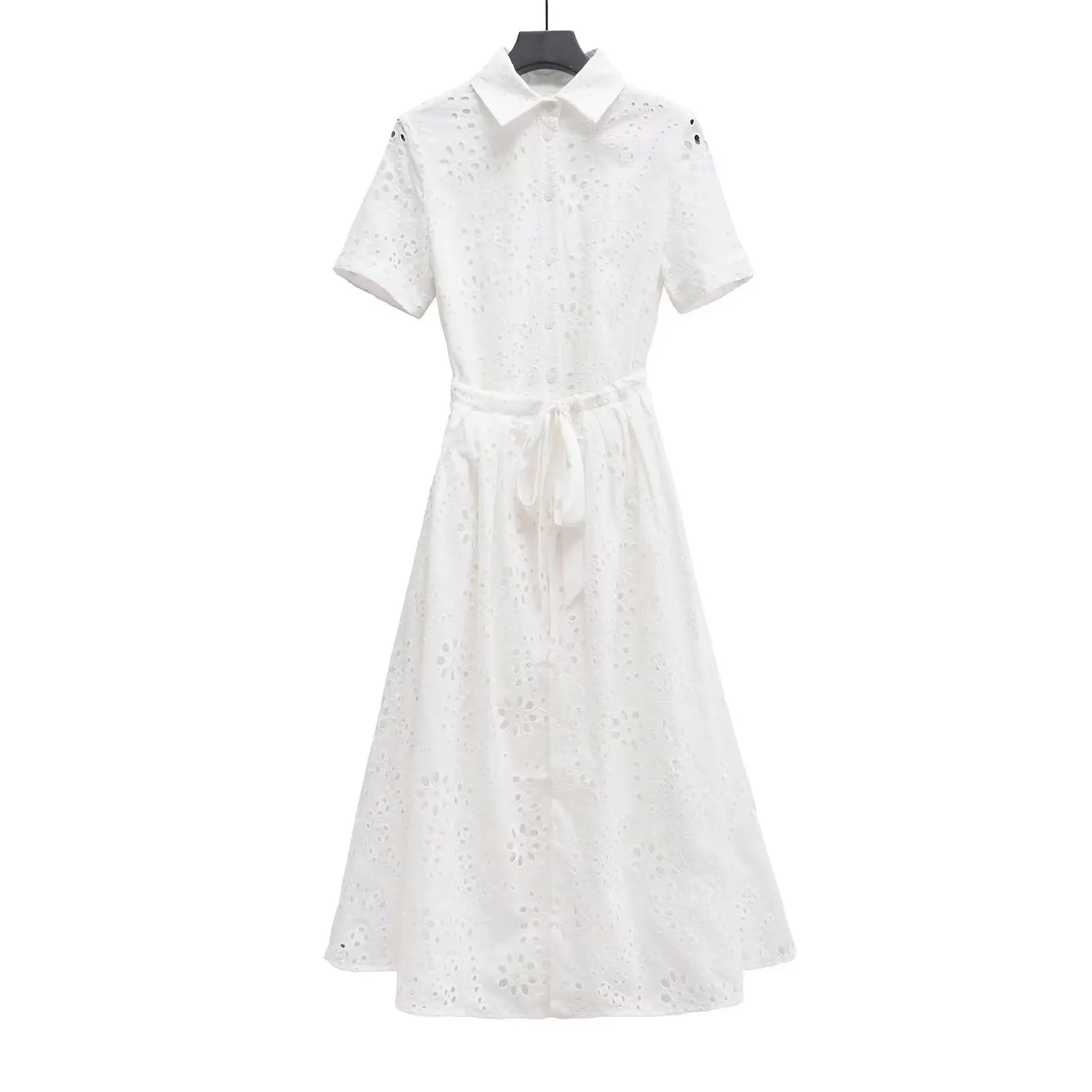 Elegant Eyelet Midi Dress With Belt Tie Short Sleeve