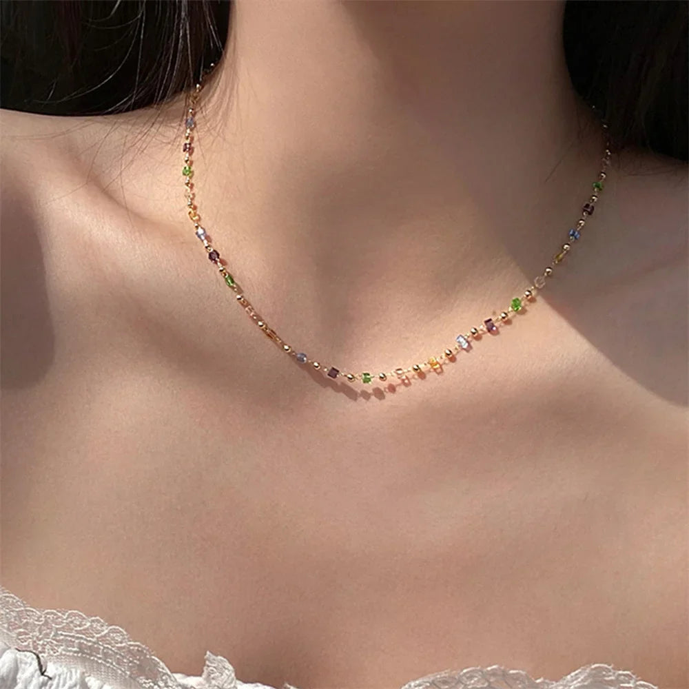 Colorful Square Acrylic Choker Necklace with Gold Bead Chain and Vintage Crystal for Women Party Jewelry
