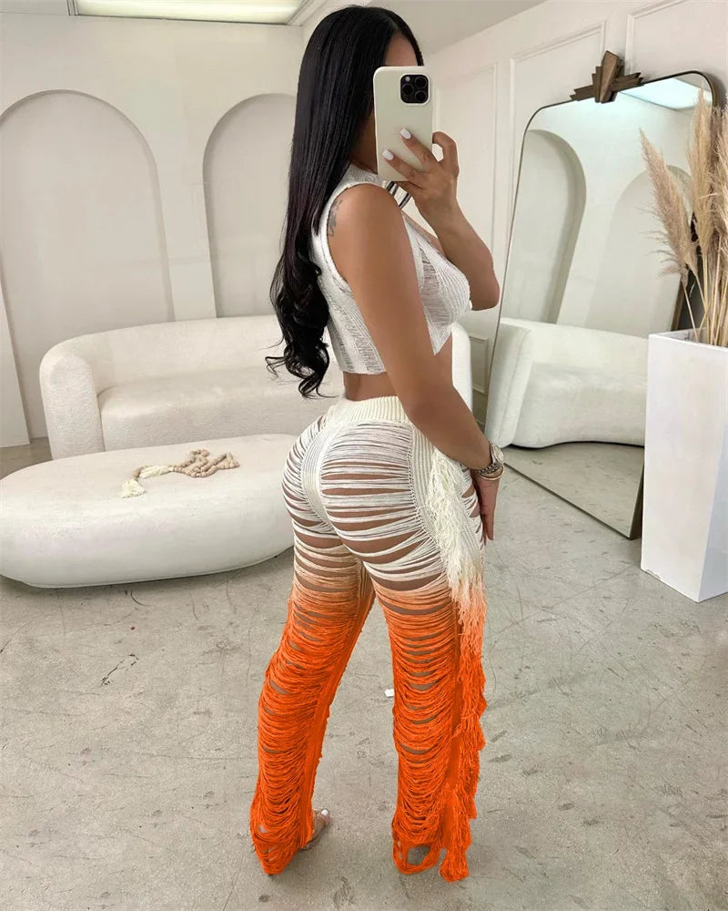 Gradient Color Crochet Two Piece Set for Women Summer Beach Vacation Outfit with Crop Top and Wide Leg Pants