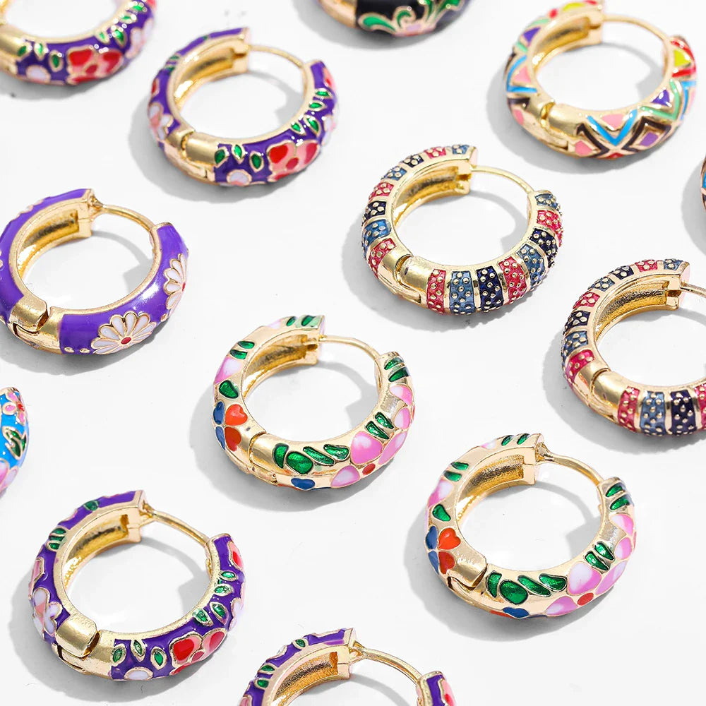 Vintage Enamel Flower Huggie Hoop Earrings for Women Colorful Engraved Round Retro Ear Jewelry