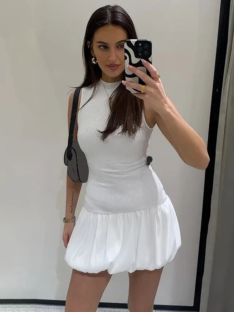 Ribbed Sleeveless Patchwork Bubble Backless Minidress