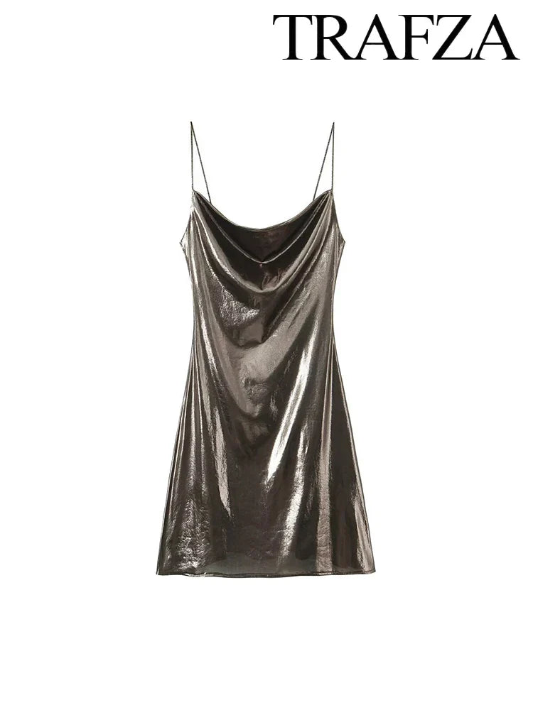 Metallic Glitter Backless Spaghetti Strap Dress For Party