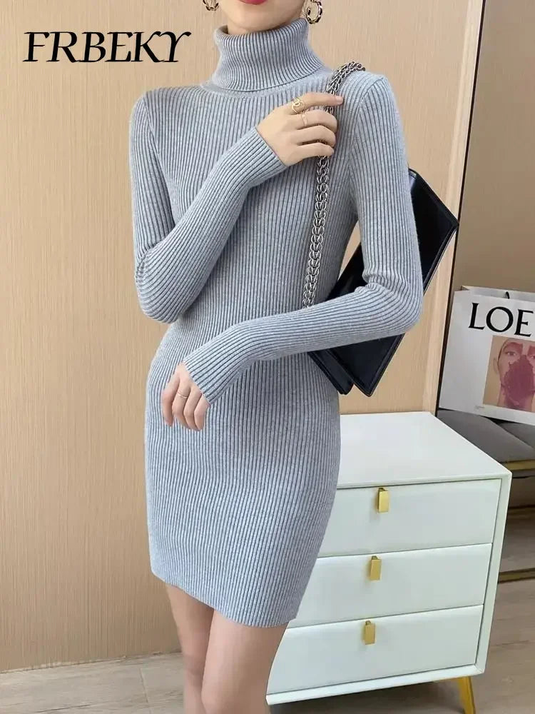 Korean Turtleneck Sweater Dress Bodycon Knit For Office
