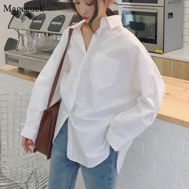 Elegant Cotton White Women Blouse Long Sleeve Vintage Loose Casual Shirt for Autumn and Spring
