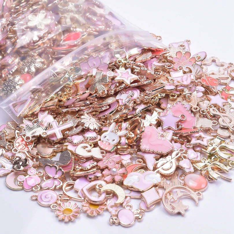 50 Pieces Mixed Style Pink Drip Oil Charms Animal Heart Flower Moon Pendants for DIY Jewelry Making