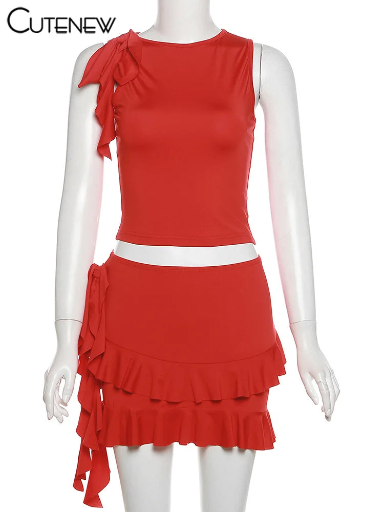 Women's Halter Lace-Up Two-Piece Set with Spaghetti Strap Camisole and Slim Fit Mini Skirt Stylish Streetwear Dress Suit