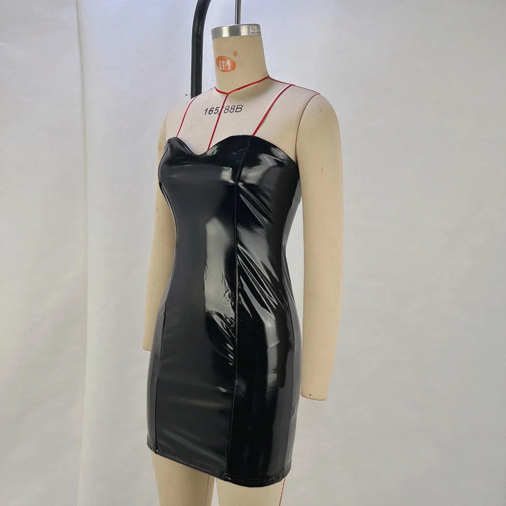Mirror PU Sexy Strapless Club Dress With Cinched Waist