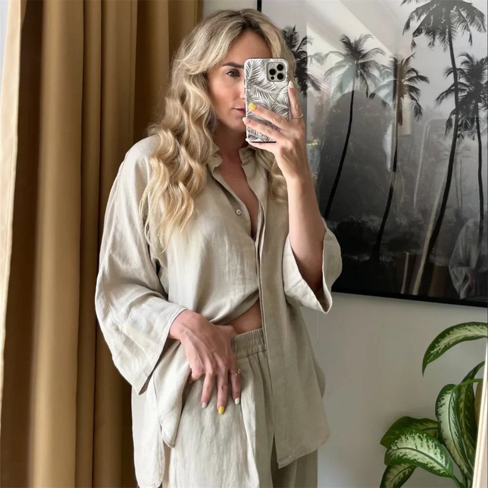 Women's Casual Linen Blended Wide Sleeve Shirt and Straight Leg Pants Set