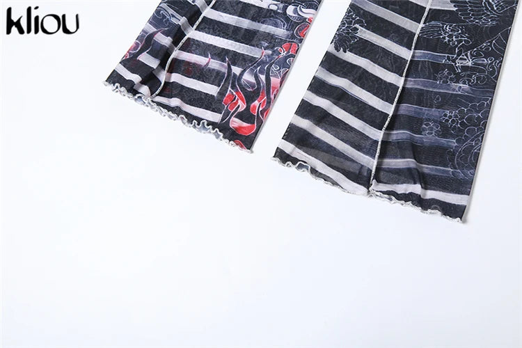 Mesh Trend Print 2 Piece Set for Women with Hipster Slash Neck Full Sleeve Top and Matching Slim Fit Pants