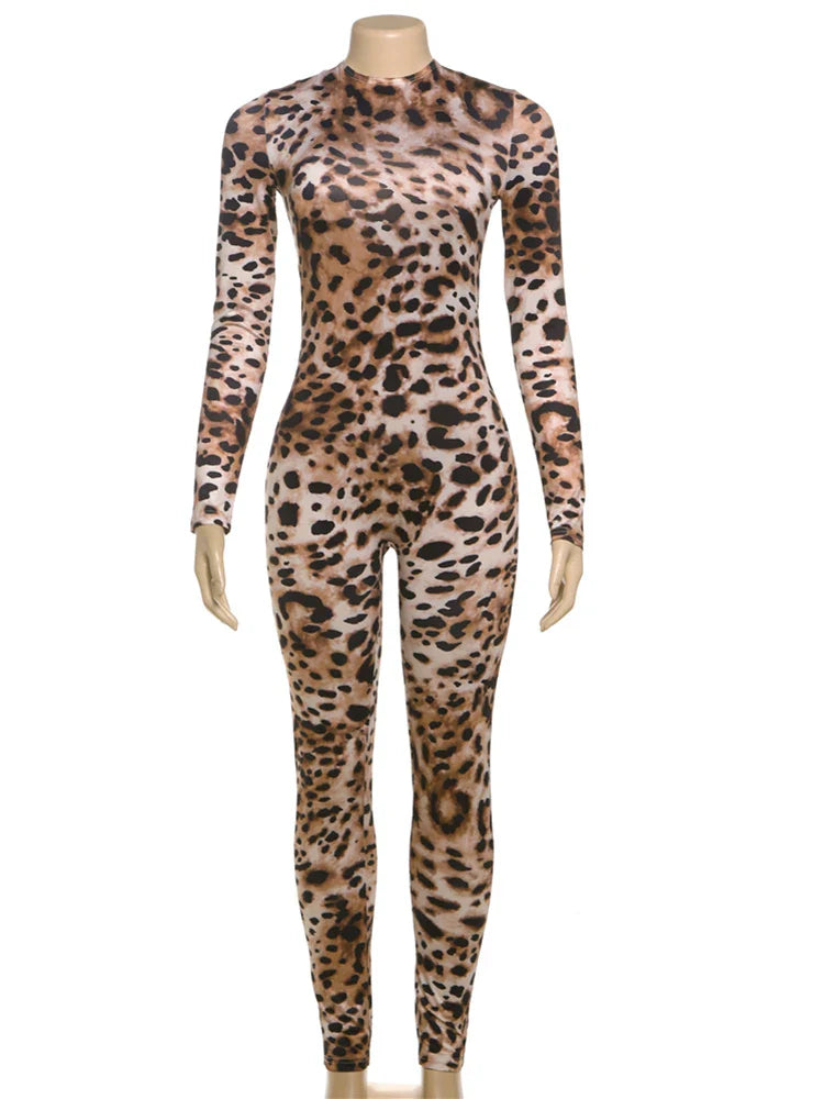 Leopard Print Women's Full Sleeve Zip Jumpsuit Skinny Stretch Fitness Workout Streetwear Overalls