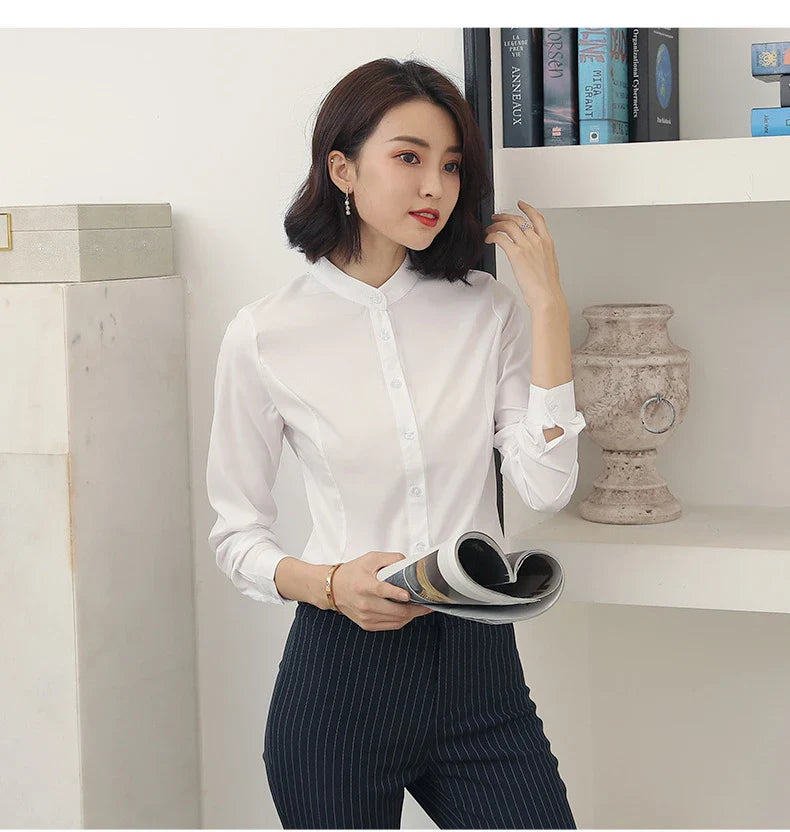 Women's Long Sleeve White Basic Shirt Blouse Stand Neck Tunic Button Up Office Work Top All Season