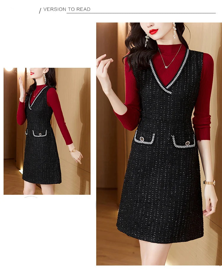 Women Tweed Sweater Vest Dress Two Piece Set For Office