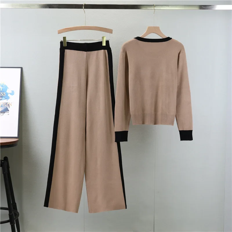 Knitted Loose Women Pant Suit Set with O Neck Pullover and Wide Leg High Waist Pants