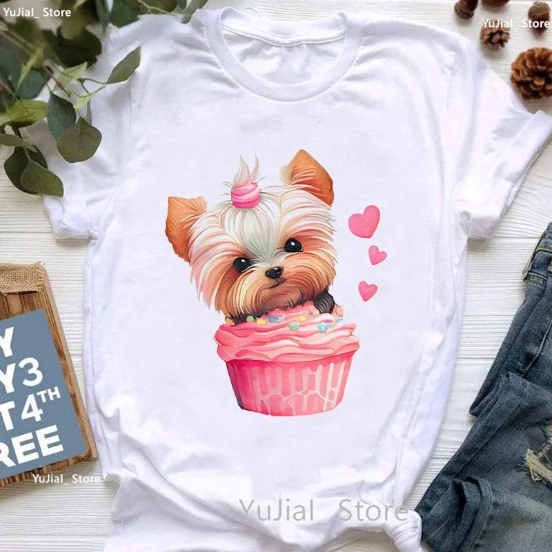 Golden Puppy Sunflower Dog Lover T Shirt for Girls Kawaii Summer Fashion Top with Pug and Yorkie Design