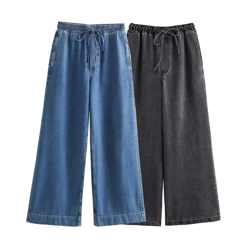 Blue Oversized Shirt and Wide Baggy Pants Denim Two Piece Set for Women Casual Autumn Outfit