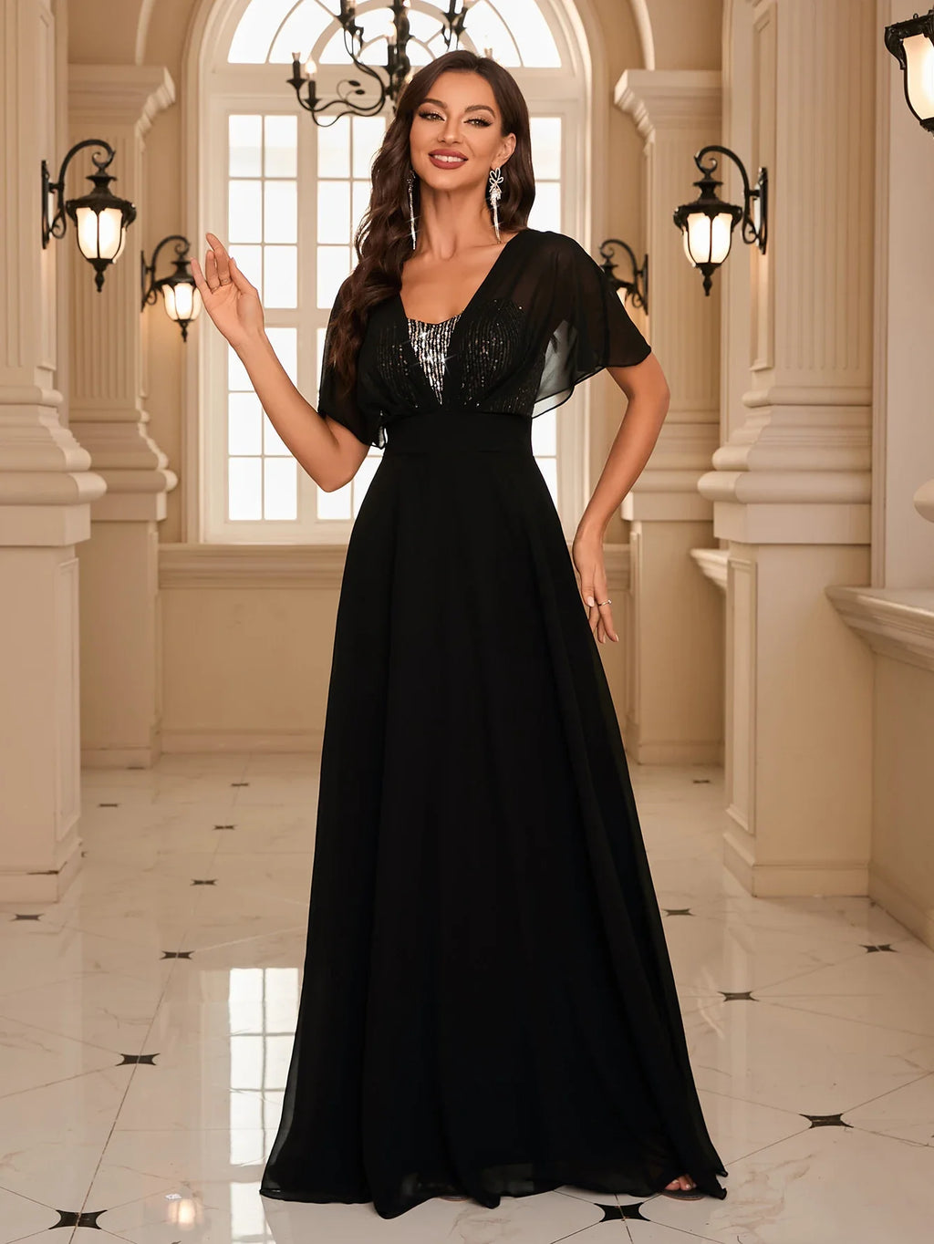 Backless Sequin Batwing Sleeve Chiffon Dress Patchwork