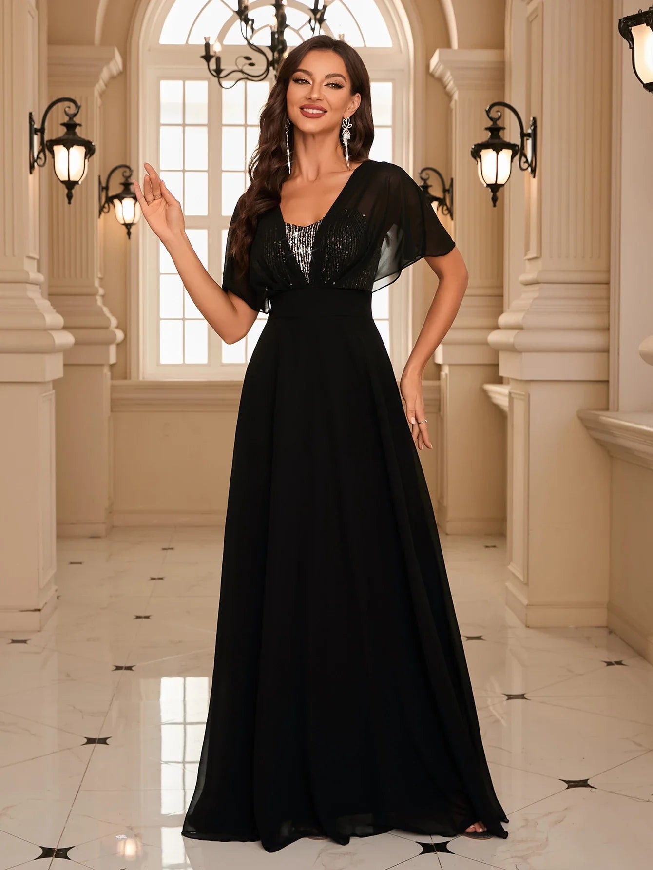 Backless Sequin Batwing Sleeve Chiffon Dress Patchwork