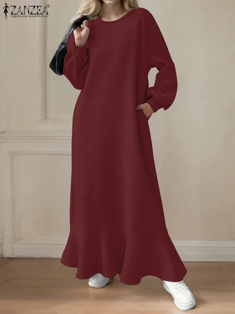 Autumn Boho Long Sleeve Sweatshirt Maxi Dress With Pockets
