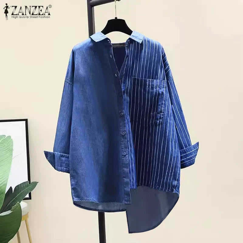 Women's Striped Patchwork Long Sleeve Shirt Casual Loose Blouse with Front Pocket and Shirt Collar Oversized Work and Everyday Wear Top