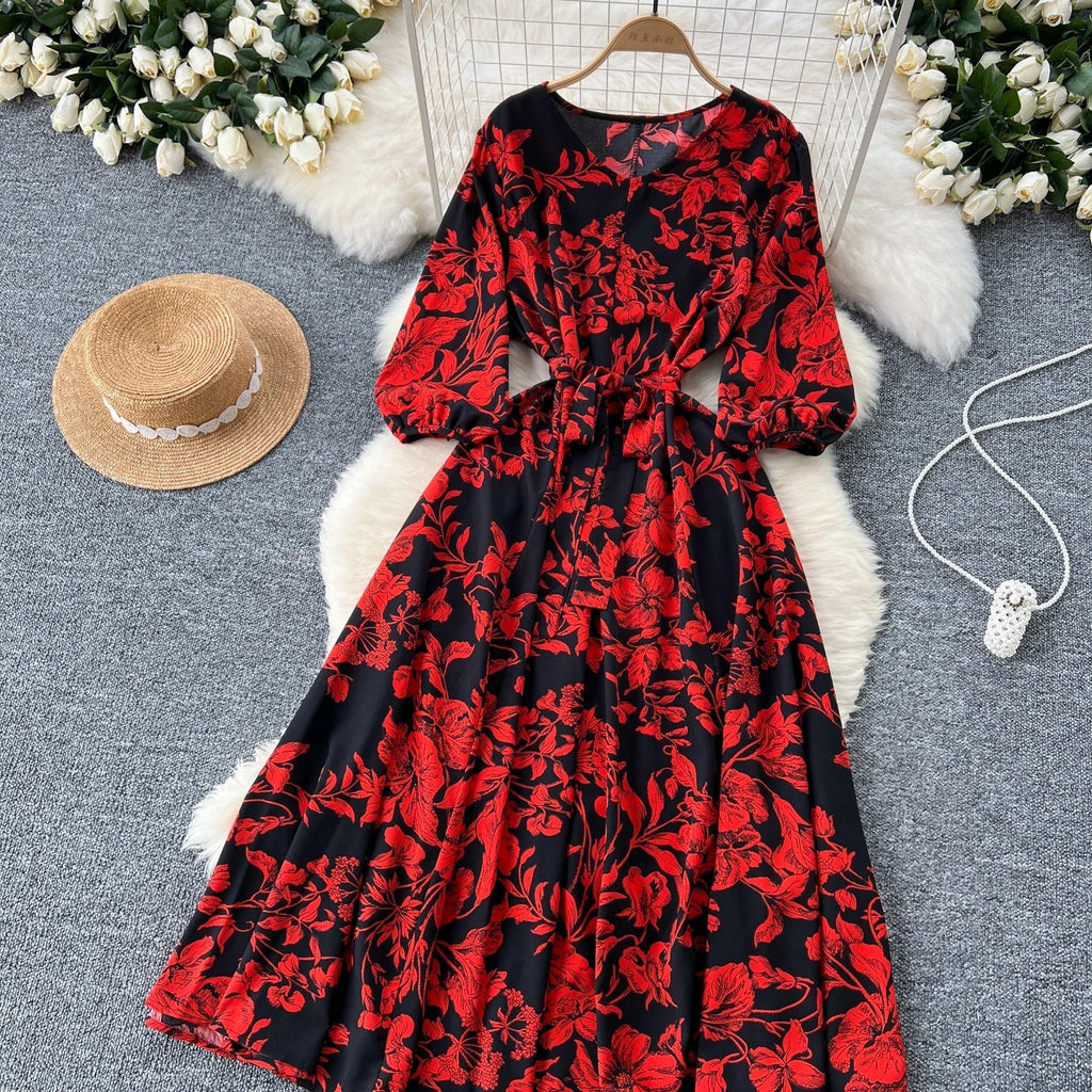 Boho Floral Print Pleated Maxi Dress With Puff Sleeves Belt