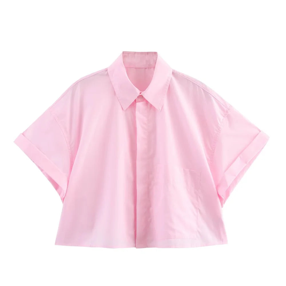 Women's Poplin Short Sleeve Shirt with Elegant Collar Buckle Detail Casual Lightweight Top for Spring and Summer