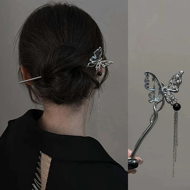 Chinese Style Vintage Butterfly Flower Hair Stick with Tassels for Women Hair Accessories