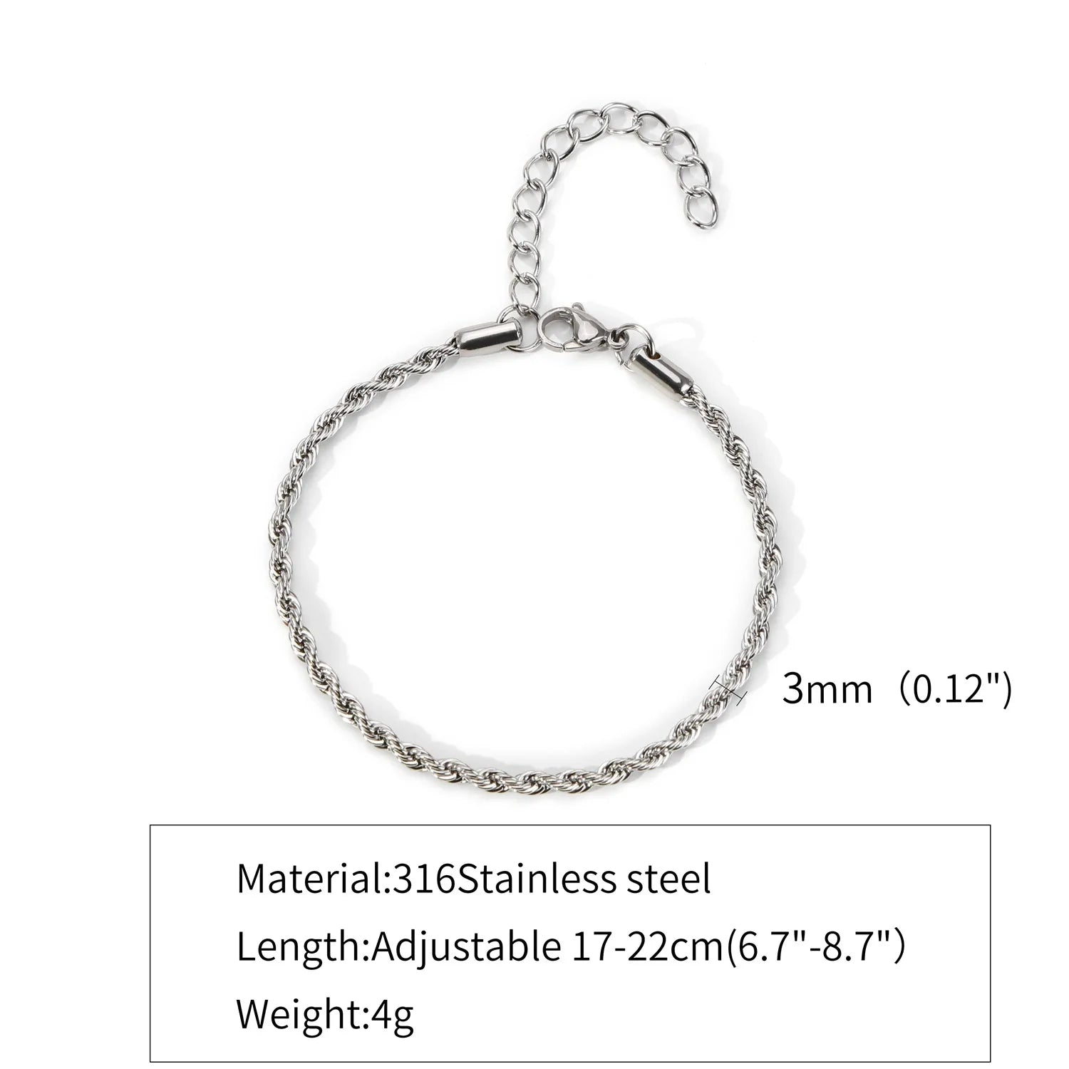 3mm Vintage Stainless Steel Twist Chain Bracelet for Men and Women - Rock Style Gold and Silver Fashion Jewelry