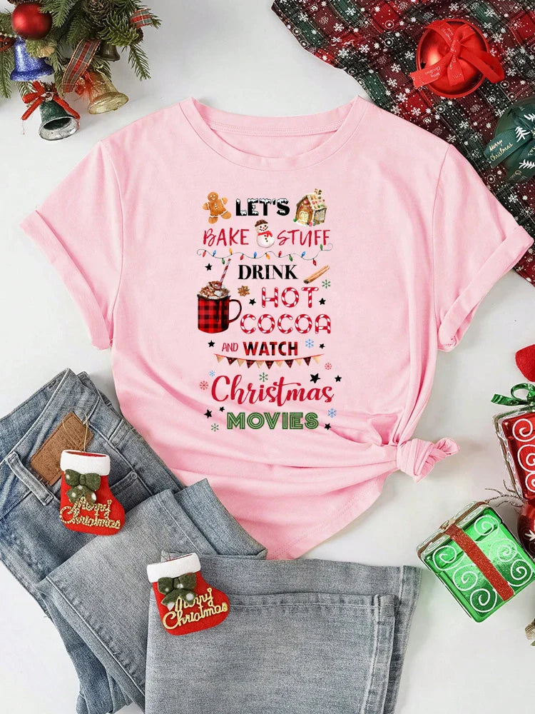 Funny Christmas T Shirt for Women Let's Bake Stuff Drink Hot Cocoa and Watch Movies Holiday Party Tee