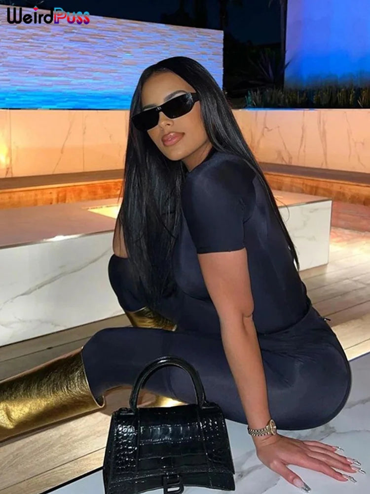 Weird Puss Letter Print Women's Tracksuit Set with Crop Top and Leggings for Stylish Streetwear