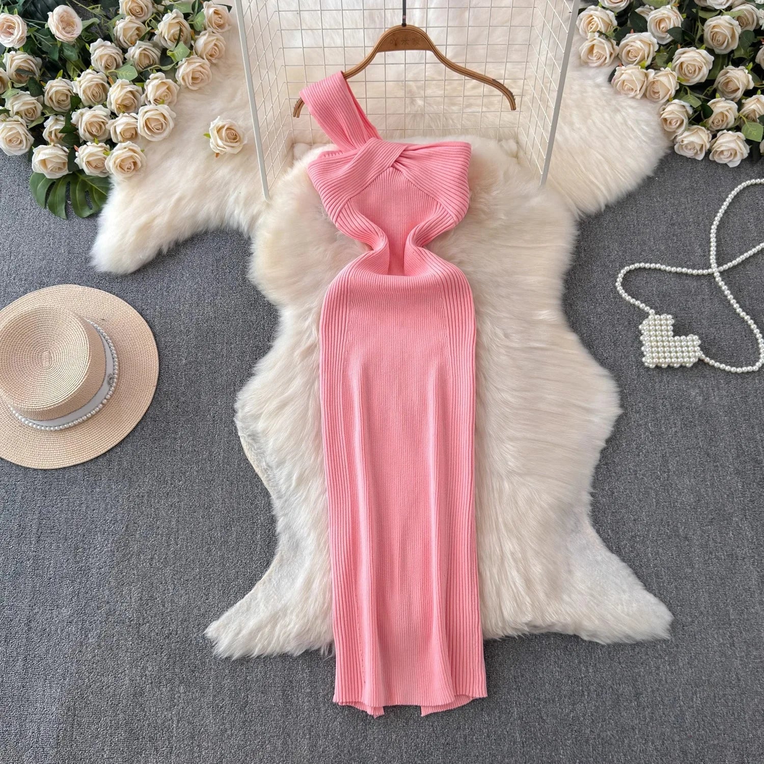 One Shoulder Bodycon Dress For Women Knitted Black Sundress